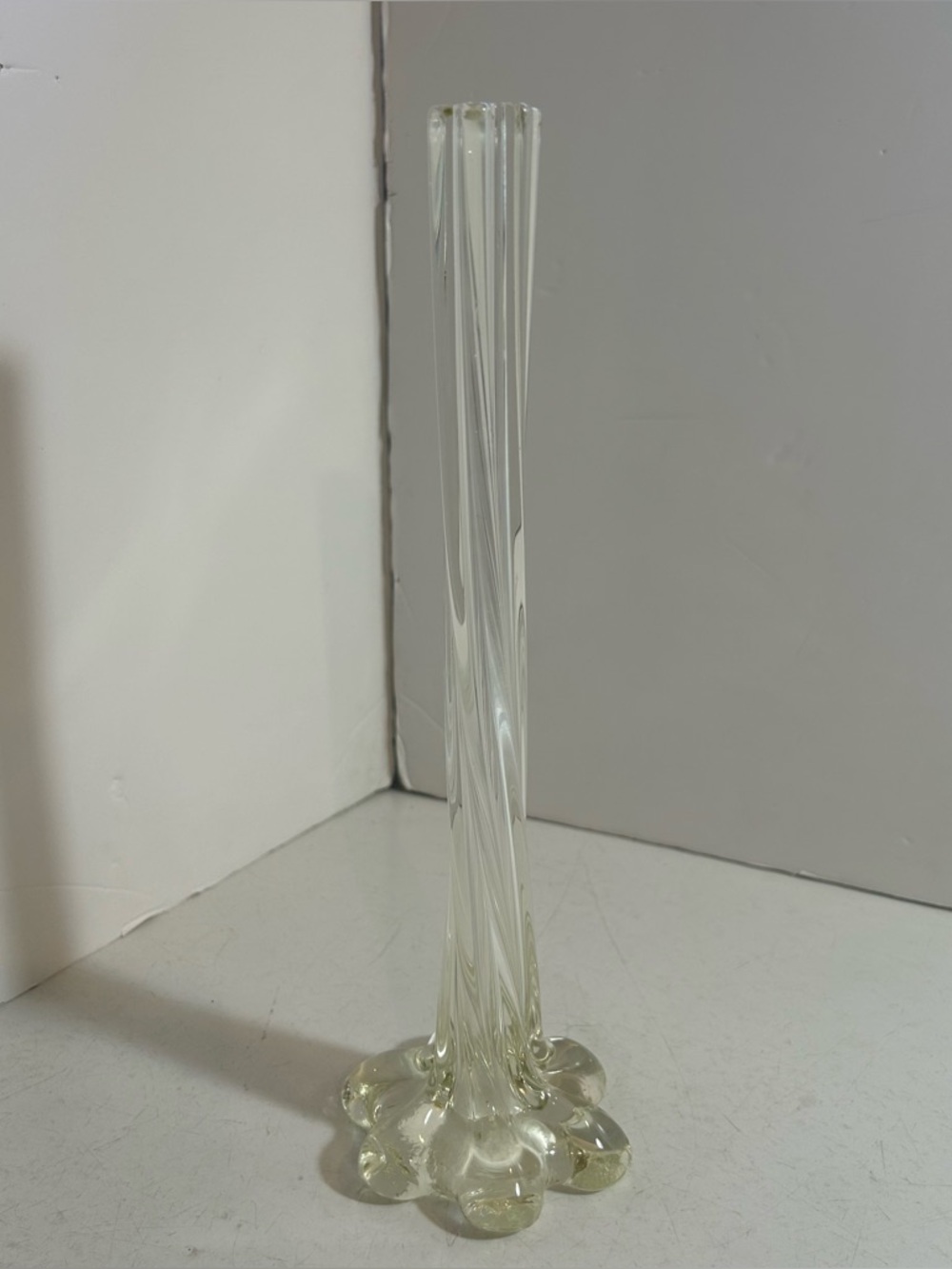 Vintage MCM clear swirled twisted elephant foot glass bud‎ vase